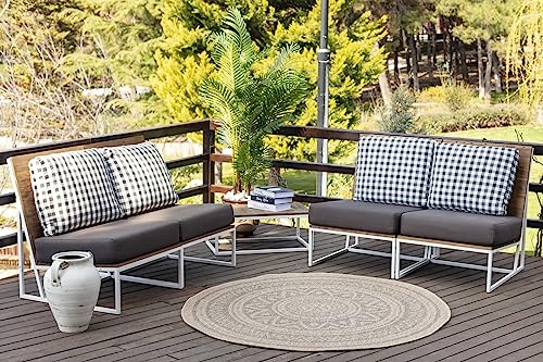 Livabliss Braga Outdoor Teppich wetterfest - In und Outdoor Teppich für Balkon 100 cm, Terrasse, Garten, Küche - Teppiche Boho Style für draußen - Beige und Grau