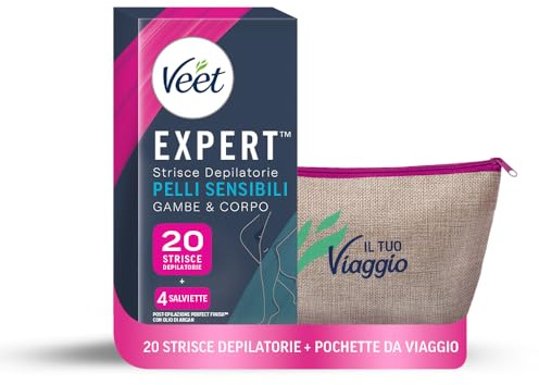 Veet Strisce Depilatorie Corpo e Gambe Expert 20 Pelli Sensibili + Pochette da viaggio