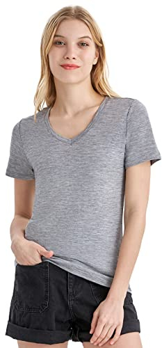 Merino Protect 100% Merino Wool V Neck T-Shirt for Women Short Sleeve Base Layers Odor Resistance Tops for Outdoor Hiking
