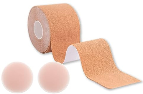 Dpm tapes Boobs & Body Tapes - Sujetador adhesivo para levantamiento de senos, Suave en la piel, Push-up transpirable, Resistente al sudor, Color piel claro - 50 mm x 5 m, 2 cubrepezones incluidos