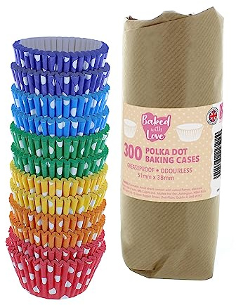 Baked with Love 50mm Polka Dot Cupcake Cases - 300 Pack | Greaseproof Paper, Red, Orange, Yellow, Green, Blue & Purple With White Spots, 50 Cases Per Colour