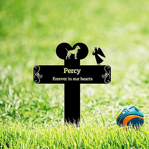 Goodqueen Custom Dog Memorial Grave Stake Personalized Dog Memorial Grave Marker Metal Cross Stake Engraved Sign, Pet Memorial Gift for Dog Cross Grave Marker with Angel, Dog Outdoor Tombstone Stake