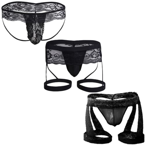 Anzhee Herren Jockstrap String Sexy Spitze Tanga Sissy Pouch Slips für Unterwäsche Männer Thong Sport G-String Sportunterwäsche mit Strumpfband 3 Stück Schwarz