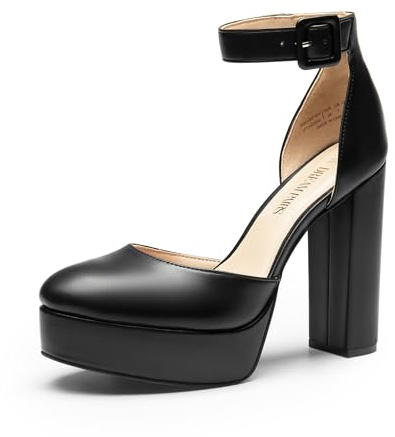 DREAM PAIRS Décolleté con Plateau e Cinturino alla Caviglia Comode Scarpe da Sposa con Tacco e Blocco per Festa,Size 37,Nero-Pu,SDPU2419W