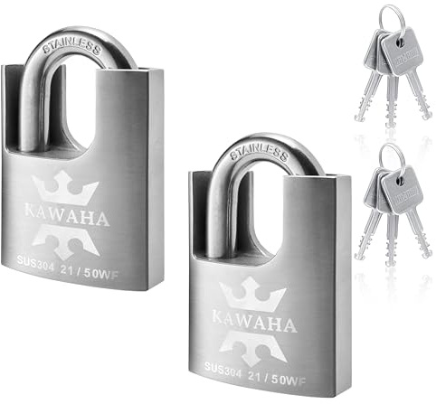 KAWAHA 21/50-2PS Cadenas à haute sécurité en acier inoxydable avec enveloppe en acier inoxydable et clé en acier inoxydable pour usage intérieur et extérieur (utilisation intensive, antirouille) (50