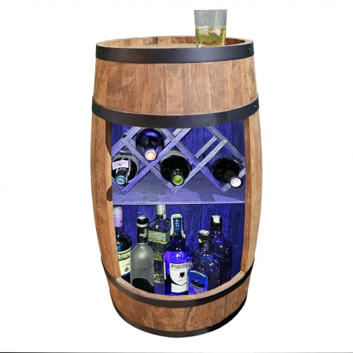 CREATIVE COOPER Fass bar LED RGB mit Weinhalter - Weinregal - Holzfass Hausbar 80x50cm - Rustikaler deko Barschrank Weinständer – Weinschrank (Wenge)
