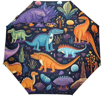 KAAVIYO Blaue Bunte Dinosaurier Regenschirm Auf-Zu Automatik Taschenschirm Winddichter Umbrella Klein Leicht Schirm Kompakt Schirme für Jungen Mädchen Reise Strand Frauen