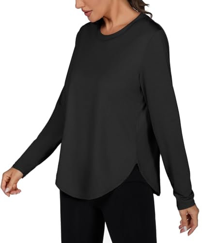 Terecey Sportshirt Damen Langarm UPF 50+ Sommer Sonnenshirt Schnelltrocknend Rundhals Langarmshirt Leichtes Atmungsaktiv UV-Shirts für Gym Yoga Wandern Schwarz-L