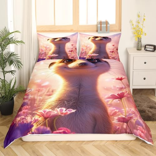 Kawaii Beaver Bedding Set Girly Purple Flowers Bedding Duvet Cover Set Kids Cartoon Animals Comforter Cover Natural Rustic Bedspread Cover Bedroom Quilt Cover King,No Comforter