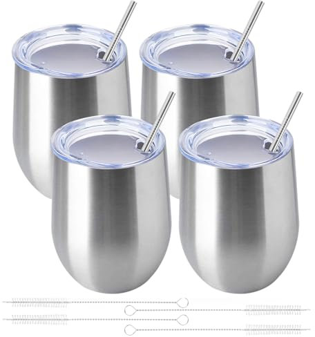 Weingläser mit Deckel, doppelwandig, vakuumiert, Edelstahl, Reisebecher, hält kalt und heiß, für Wein, Kaffee, Cocktails, Weihnachtsgetränke, Familie und Geschenke, 340 ml, 4 Stück, silberfarben