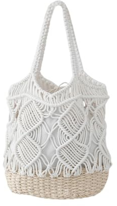 YMYL Damen-Handtasche aus Baumwollseil, gehäkelt, Sommer, handgewebt, Boho, Kordelzug, Strandtasche, ausgehöhlte Schultertaschen für Urlaub, Reisen, Outdoor, Picknick, weiß, M