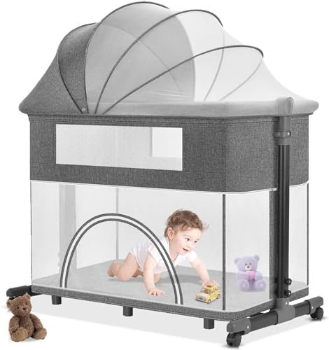WENNEWU Babywiege, Mit U-FöRmigem Windelwechsler, Kinderbett FüR Neugeborene Mit Sicherheitsgurt, Verdickte Matratze, Moskitonetz,Grau