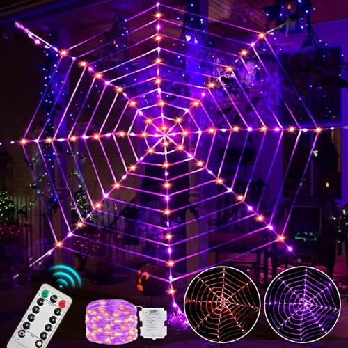 Maxee 114 LED Halloween Spinnennetz Lichter Deko, 3,6 m Riesige Runde Netzlicht Lichterkette mit Fernbedienung (8 Modi & Timer), Lichternetz Dekoration für Fenster Garten Drinnen Außen (Lila+Orange)