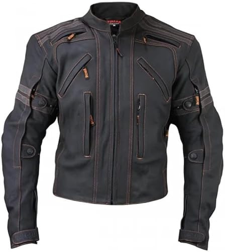 A&M Express Giacca da moto da strada, da uomo, in vera pelle, con tasche multiple, con protezione armatura