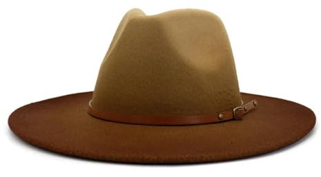FULUJIDI Fedora Trilby Filzhut Hut Mode Sprüh Lackierter Jazz Panama Filz Fedora Hut Mit Breiter Krempe Ledergürtel Party Kirche Hut 56-58Cm Khaki