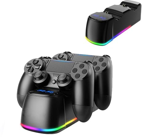 Cargador para Mando PS4, Estación de Carga para Mando PS4 con luz RGB y Carga Simultánea, Estación de Carga para Mando PlayStation 4/PS4 Pro/PS4 Slim