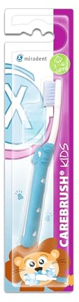 miradent Carebrush® Kids | Blau | Kinderzahnbürste | 2-6 Jahre | Schonende Reinigung der Milchzähne | Ergonomisch geformt | Rutschfester Griff mit Daumenstopp | Mit praktischer Hygiene-Schutzkappe
