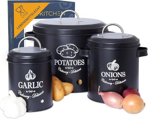 HIKITCHEN® Vorratsbehälter-Set (schwarz) - Elegante und luftdichte Boxen & Boxen für Kartoffeln, Knoblauch und Zwiebeln - Frisches Gemüse länger haltbar - 3er Set