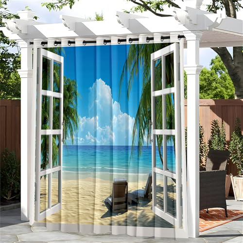 Hiseng 1 Stück Outdoor Vorhänge Wetterfest mit Ösen Outdoorvorhänge 3D Strandszenerie Türvorhang Blickdicht Sichtschutz Gardinen für Balkon Garten Terrasse Pergola (140x175cm,Lounge-Sessel)