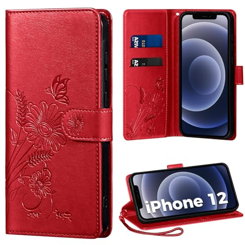 Thorhülle Handyhülle für iPhone 12/12 Pro Hülle, Schutzhülle für iPhone 12 PU Lederhülle Tasche Flip Case Kartensteckplätzen Klapphülle Kompatibel mit iPhone 12 Pro Hülle, Rot