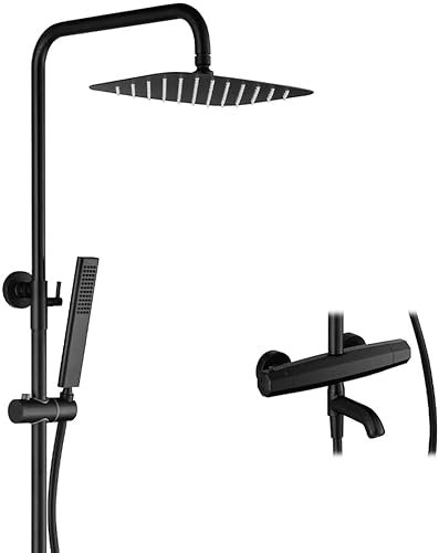 Set Doccia Sistema Doccia, Termostatico Ottone Nero Set Doccia A Tre Funzioni Deviatore Miscelatore Miscelatore con Altezza Regolabile Doccetta e Rubinetti per Vasca, Set Doccia,B