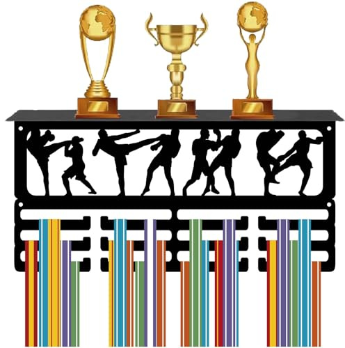 CREATCABIN Porte Médailles Boxe Étagère pour Trophées avec 12crochet Support pour Médailles Sport pour Montage Mural 60 médailles Ou Plus Cordon Ruban Support Rangement avec Cadre D'Étagère 40x20x10cm