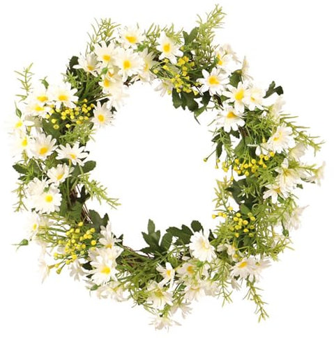 CPAOWEHF Künstlicher Türkranz mit Gänseblümchen, grüner Blattkranz, Haustürkranz für Hochzeit, Party, Zimmer, Bauernhaus-Dekorationen