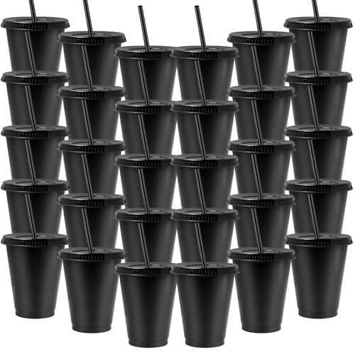 YFNVH 30 schwarze Kunststoffbecher mit Deckel und Strohhalmen, 450 ml, für Kinder, Eiskaffeebecher, wiederverwendbar, Reisebecher für Geburtstage, Junggesellenabschiede, Strandpartys, Smoothie-Säfte
