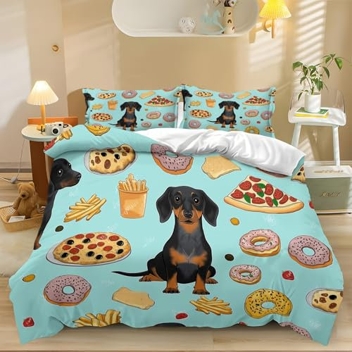 Fibra Superfine Copripiumini Stile Cartoon Bassotto Pizza Ciambelle Prevenire L'Allergia Con Cerniera Morbido E Confortevole Copripiumino 135x200cm Stampa 3D Set Copripiumino Con Due Federa 50x75cm