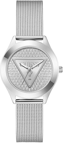 Guess Damen Armbanduhr GT Glitz Plaque, silberfarbenes Edelstahlarmband, Mineral Glas, silbernes Ziffernblatt, 5 Bar, Gehäusedurchmesser: 34 mm, GW0835L1