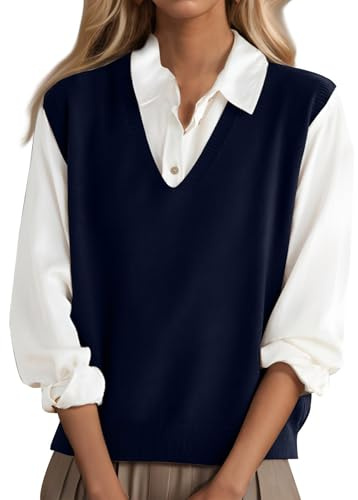 Suéter sin mangas para mujer, cuello en V, primavera, otoño, chaleco de punto, chaleco de punto liso, elegante, básico, suelto, informal, suéter de punto, camiseta de tirantes, azul marino, XL