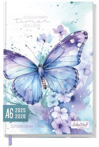 Schulstuff Schüler-Timer A6 2025/2026 Mini Schülerkalender Laufzeit Aug 2025 - Juli 2026, Schülerplaner (11 x 15 cm), Hausaufgabenheft Butterfly - nachhaltig & klimafreundlich