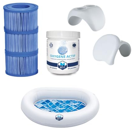 NetSpa - Pack de mantenimiento de spa, 3 cartuchos de filtración + 20 pastillas de oxígeno + reposacabezas/portavasos + lavabo enjuague pies