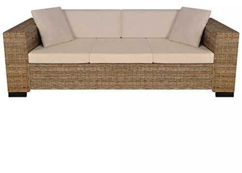 3-Sitzer Echt Rattan Gartensofa mit Kissen Outdoor Rattan Sofa Natur Rattan Sofa 200x80x61cm