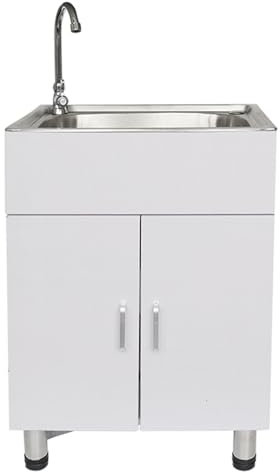 Stainless Steel Sink with Rounded Corners Adjustable Pedestal Washbasin Wood Cabinet Ideal for Kitchen Garage Basement Laundry Room (53x38x76cm)