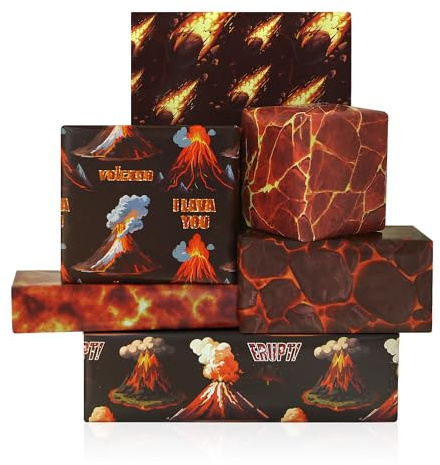 Volcano Geschenkpapier für Jungen und Mädchen, 6 Blatt Vulkan-Lava-Geschenkpapier, 50 x 70 cm pro Blatt, Lava-Geschenkpapier für Geburtstag, Wissenschafts-Dinosaurier, Hawaii-Party