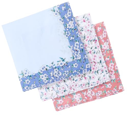 Bewudy 3 Pcs Ladies Printing Floral Handkerchiefs, Ladies Handkerchiefs, Women Soft Cotton Hankies, Pocket Square Towel Embroidery Ladies' Vintage Floral Handkerchief for the Wedding Party
