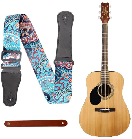 YAPKOLV 1 Gitarrengurt 1 Gitarrenkopfplattengurt Vintage bestickte Baumwolle Gitarrengurt, Verstellbarer Gitarrenband mit Echtleder Enden, für Bass Elektro Akustik, mit Gurtknopf