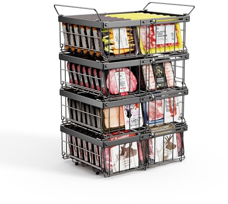 Elayu 4er Stapelbar Gefriertruhe korb,gefriertruhe organizer verstellbar,gefrierschrank organizer,stapelkörbe,Schwarz, Ausziehbare Länge 29-46CM