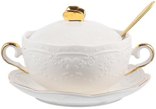 HOLIDYOYO Bol En Céramique Nid D'oiseau Avec Double Poignée 350ml, Bol Vapeur Multifonction En Céramique Blanche Et Dorée, Avec Couvercle Et Cuillère, Pour Petit-déjeuner Et Desserts, Set Complet