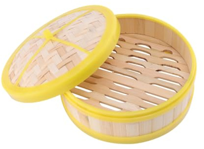 VALICLUD Single Tier Bamboo Steamer Basket Lid 20cm Yellow Rim Bamboo Dim Sum Steamer for Cooking Dumplings Vegetable Rice Asian Food