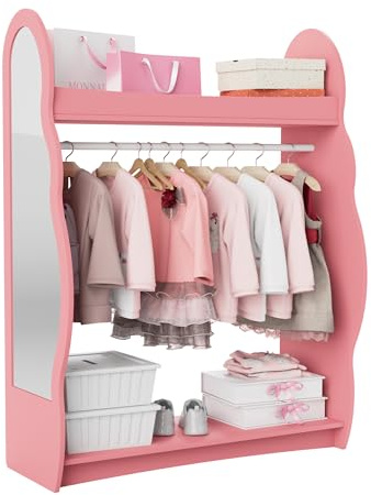 KEEPREAPER Kleiderständer Kinder Garderobenständer mit Ablagen, Spiegel und Haken Kleiderstange Garderobe aus Holz 81 x 28 x 106,5 cm (Wolken, Rosa)