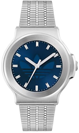 adidas Expression Three Unisex Armbanduhr, Quarz Analog, Edelstahl, 41 mm, Edelstahlarmband, Silber, 5 bar, Zifferblattfarbe: Blau, AOFH25505
