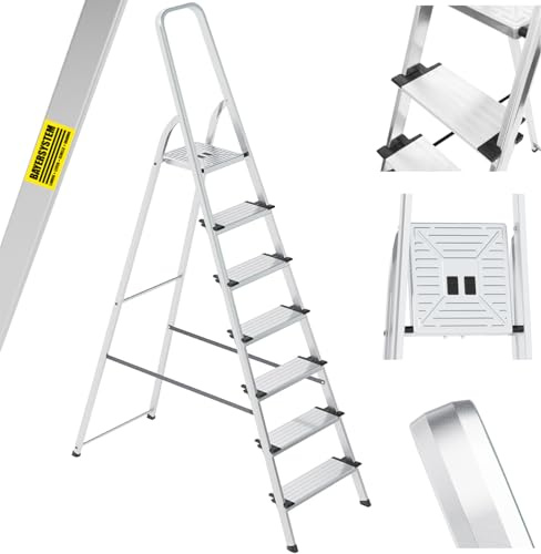 Bayersystem Aluminiumleiter 7-stufig, Stufenleiter, mit Breiten Stufen, leicht, klappbar, tragbar, robust, Belastbarkeit 150 kg, mit breiter Plattform, Multifunktionsleiter Haushalt, Büro und Lager