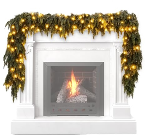 Christmas Garland - Artificial Green with 90 LED Bulbs, Realistic Cypress Pine Vine | Decorative Christmas Garland for Indoor Outdoor Living Room Fireplace Entryway Fe