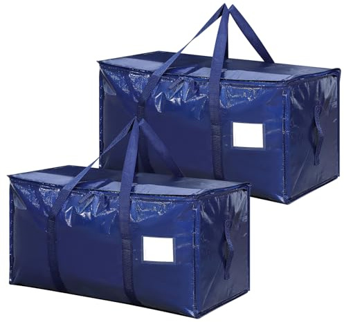 Dntorx 2 contenitori pieghevoli da 90 l con coperchio, blu | tessuto in polipropilene, chiusura lampo, manici resistenti, finestra per etichette, per trasloco, campeggio