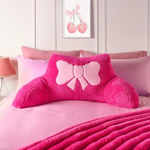 OHS Reading Pillow for Bed Adult Pink, Embroidered Bow Cuddle Cushion Super Soft cosy Teddy Fleece Back Support Cushion with Arms Headboard Pillow Bed Cushions Relaxing Comfy