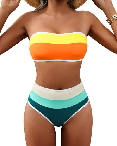 DaiLiWei High Waisted Bikini Sets for Women Strapless Swimsuits Tummy Control 2 Piece Bathing Suits Bandeau Top Swimwear 2026