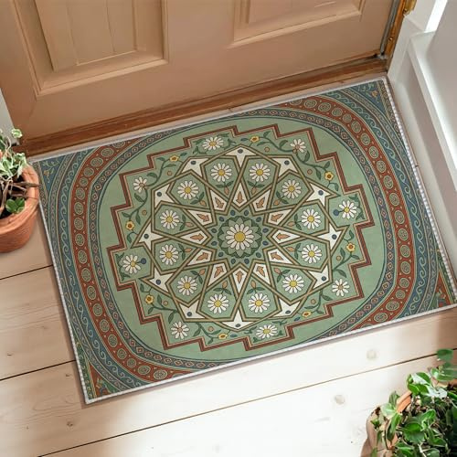 Alfombra de área de crisantemo, tradicional, bohemio, geométrico, con diseño de hojas, color verde, antideslizante, antideslizante, rectangular, no se desprende, para lavandería, baño, puerta, entrada