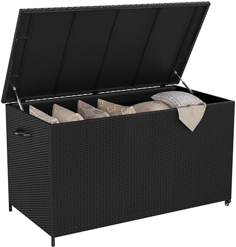Yaheetech PE-Rattan Gartenbox 650L Auflagenbox mit Rollen & Deckel, Schwarz | Aufbewahrungsbox XXL Wetterfest inkl.Handgriffe für Garten, Terrasse und Balkon, 150×77×76,5 cm